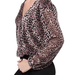 White House Black Market Velvet Burnout Blouse Animal Print Sheer Faux Wrap Sz M